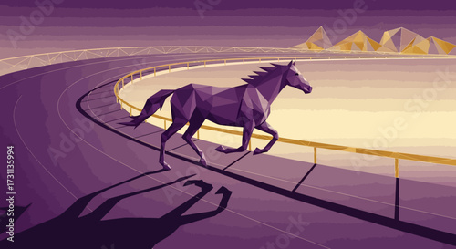 Geometric Low Poly Horse Galloping on a Racetrack with Polygonal Mountains Background