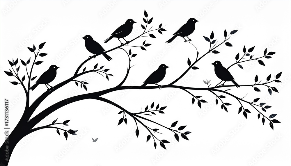 Obraz premium Minimalist birds on branch vector wall art with clean silhouette