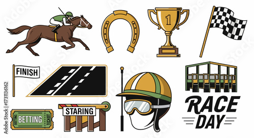 Horse Racing Elements: Jockey, Horse, Trophy, Flag, Finish Line, Gate, and Betting Ticket