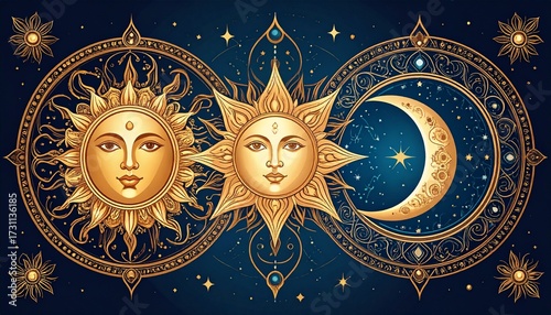 Abstract sun and moon vector wall art in celestial style with mystical tones
