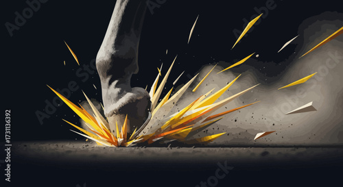 Powerful Horse Hoof Stamping Down, Creating Explosive Energy and Debris Motion