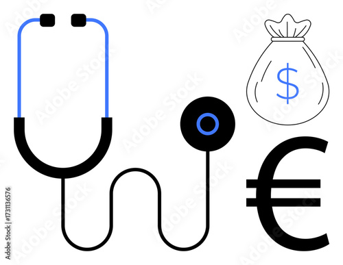 Stethoscope, sack with a dollar sign, and euro currency mark represent healthcare, medical costs, funding, and global finance. Ideal for insurance, economics, benefits budgeting analysis