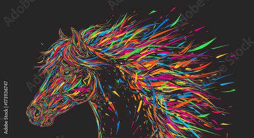 Vibrant Abstract Horse Head Illustration with Colorful Streaks and Black Background