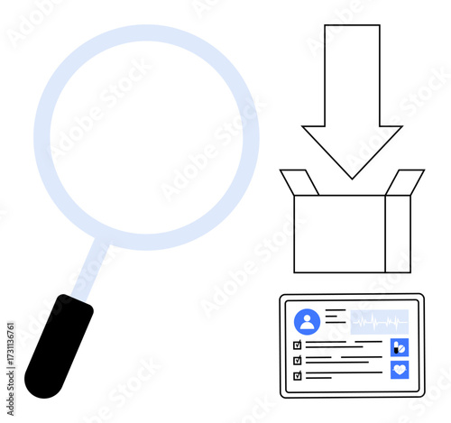Magnifying glass, open box, data interface with health and social icons. Ideal for analysis, research, data organization, information retrieval, packaging, logistics simple flat metaphor