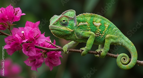 Vibrant chameleon perched on branch with pink flowers against a green background