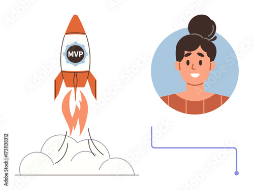 Rocket with MVP label lifting off, linked to a smiling woman inside a circle. Ideal for startups, success, innovation, growth, leadership, entrepreneurship business launch. Simple flat metaphor
