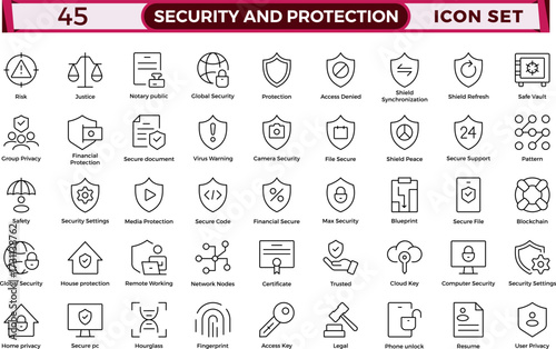 Security & Protection outline icon set. Data protection symbol. Secured network icon collection.Safety, security, protection thin line icons.For website marketing design, logo, app, UI, etc. 
