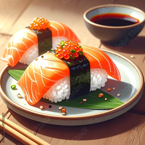Delicious Salmon Sushi on a Plate.