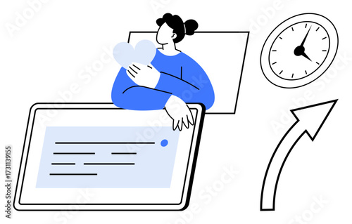Person holding heart shape near tablet, clock representing time management, and arrow symbolizing growth. Ideal for productivity, self-care, time management, growth, balance, technology work-life