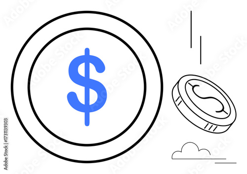 Blue dollar sign on a large coin with another falling coin, motion lines, and clouds. Ideal for finance, economy, investment, wealth, savings business banking themes. Minimalist flat metaphor