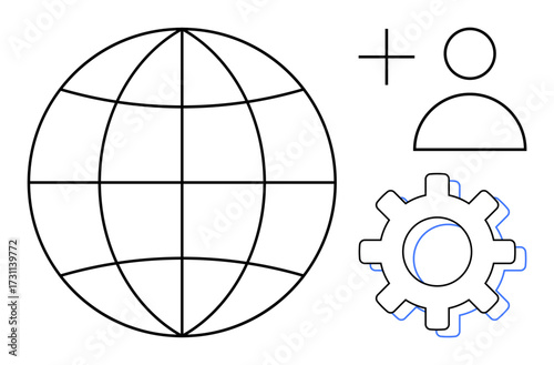 Globe illustrating global reach, user icon for people or profiles, and gear representing settings or optimization. Ideal for teamwork, technology, globalization, user management, networking, system