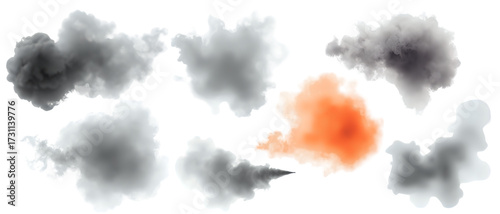 Collection of smoke clouds in gray and orange colors