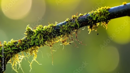 Close up view of moss growing on a tree branch in sunlight