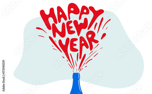 Champagne being sprayed from a bottle, forming the words "Happy New Year" in a celebratory burst of red against a light background.