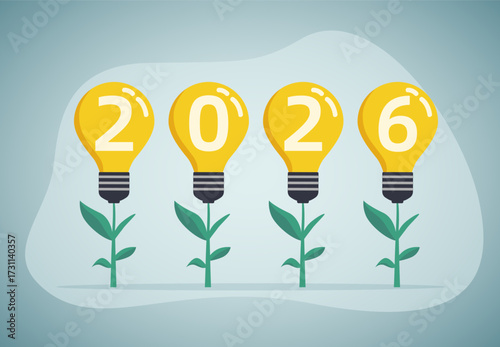 "2026" is represented as bright ideas blooming from light bulb plants, symbolizing innovation and growth.