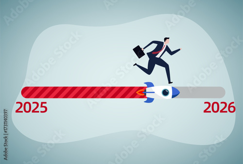 A businessman is propelled forward on a rocket, transitioning from "2025" to "2026" on a progress bar, symbolizing accelerated progress and advancement into the new year.