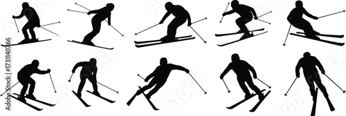 Dynamic Skiing Silhouette Vector Set Featuring Winter Sports Poses, Athletic Motion, and Snow Activity for Outdoor Adventure and Technique Study