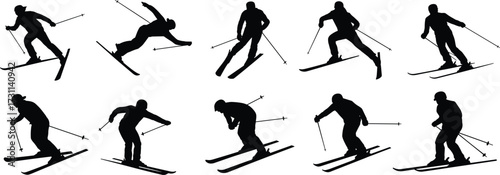 Skiing Silhouette Vector Set Featuring Dynamic Winter Sports Poses, Athletic Motion, Snow Action, and Outdoor Adventure for Technique and Design Use