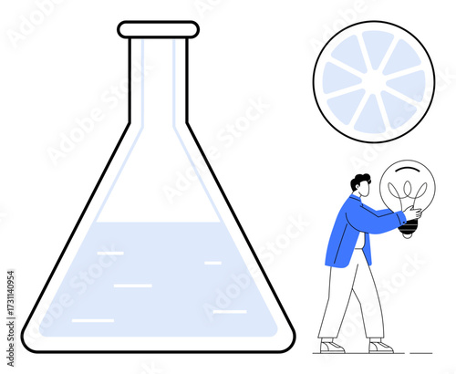 Laboratory flask with liquid, citrus slice, and person holding giant lightbulb. Ideal for innovation, creativity, science, experimentation, inspiration problem-solving education. Simple flat