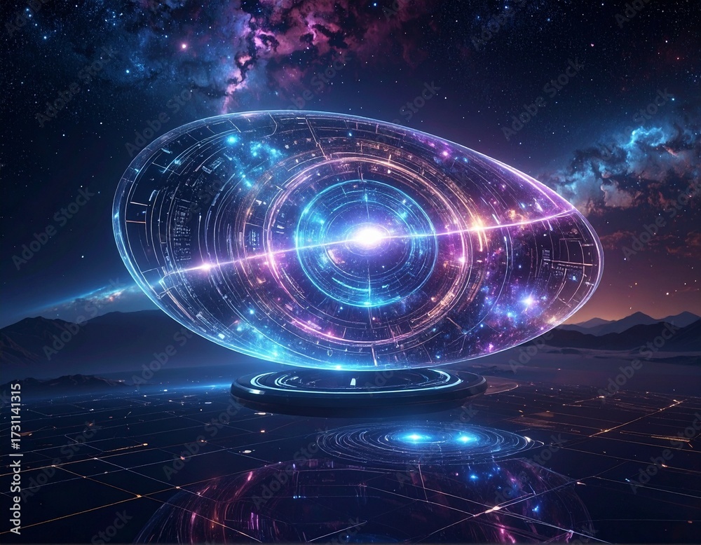 Obraz premium A glowing, futuristic holographic orb displaying intricate cosmic patterns and data streams, suspended above a digital landscape under a starry nebula sky.