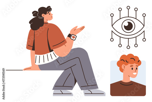 Woman gesturing in discussion, symbolic eye with digital nodes, smiling boy avatar. Ideal for technology, connection, communication, AI, innovation teamwork modern interaction. Simple flat metaphor