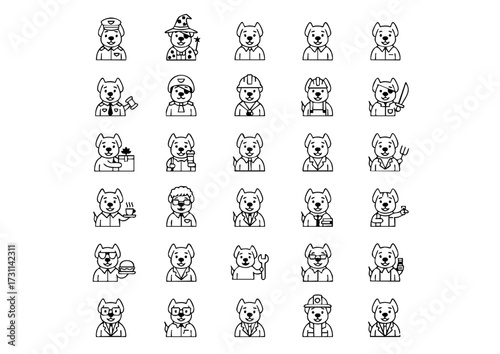 25 Dog Occupation Icons: Black & White Vector Collection, Dog Professionals: Line Art Icons of Canine Careers, Funny Dog Jobs Set: Vector Icons of Working Pups