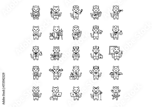 25 Cat Occupation Icons: Black & White Vector Set, Cats at Work: Line Art Icons of Feline Professionals, Funny Cat Jobs: 25 Humorous Vector Icons