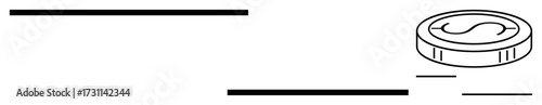 Single coin with dollar sign surrounded by horizontal lines symbolizing movement and transaction flow. Ideal for finance, economy, currency, payment, wealth, digital money, future. Minimalist flat