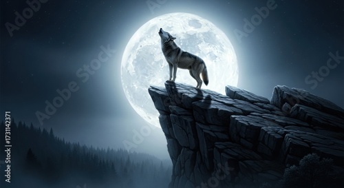 Majestic wolf howling on rocky cliff under bright full moon in starry night sky.