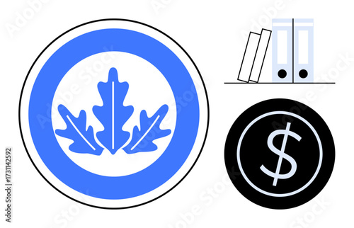 Oak leaves in a circle for sustainable growth, black dollar sign for finances, stacked binders for organization. Ideal for sustainability, finance, growth, organization, eco-business, economy