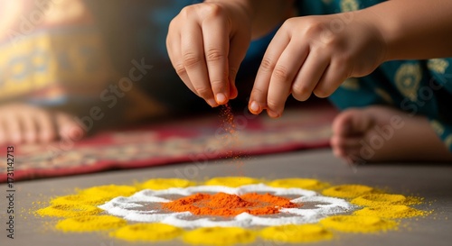 Hands sprinkle orange powder over a rangoli a colorful art form on the floor with yellow  white powder