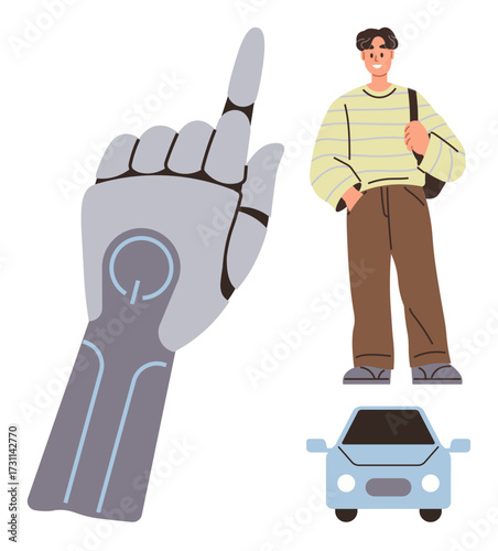 Robotic arm pointing upward, young man with bag standing confidently, and car illustration. Ideal for technology, AI, robotics, innovation, human-machine interaction, mobility futuristic concepts