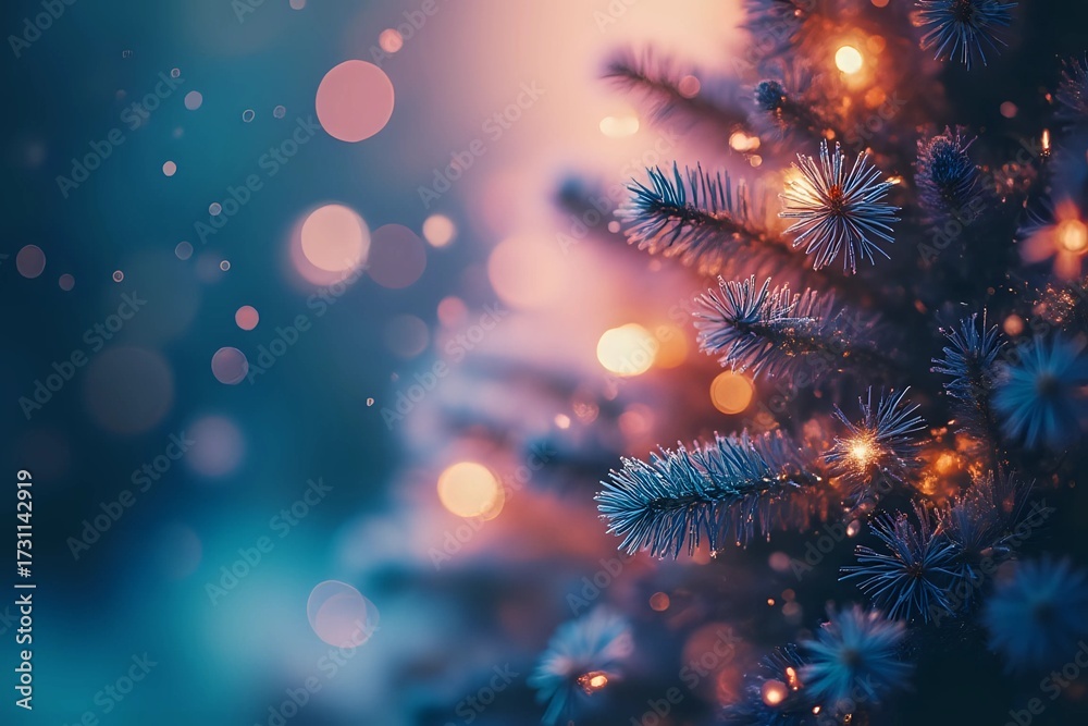 Fototapeta premium Bokeh of Light on Christmas tree. Defocused Light on Christmas tree on blurred background. Blurred Christmas background in blue and pink cinematic style with copy space