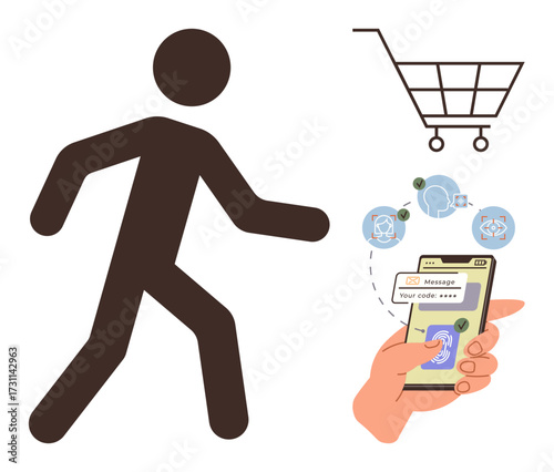 Person walking, shopping cart, smartphone with fingerprint scan, security check. Ideal for retail, e-commerce, fingerprint authentication, security, identity verification technology and convenience