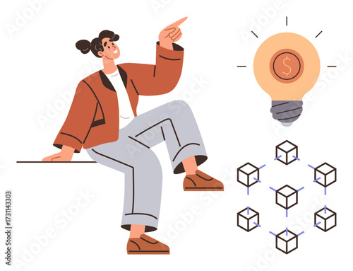 Female figure gesturing to illuminated lightbulb with dollar sign surrounded by cubes in blockchain network. Ideal for technology, cryptocurrency, innovation, finance, ideas, business strategy