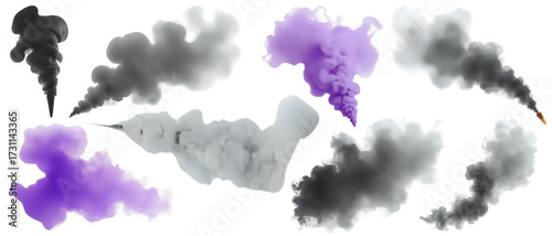 Various colored smoke plumes on a white background view