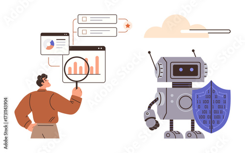 Analyst examining data on floating charts with magnifying glass alongside robot with shield, symbolizing cybersecurity, AI, data analysis, online protection. Ideal for tech, AI, data, analytics