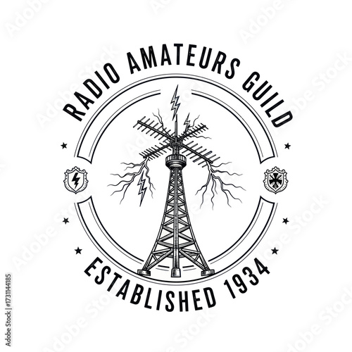 Vintage emblem for the Radio Amateurs Guild, featuring a stylized radio tower with lightning bolts and established date.