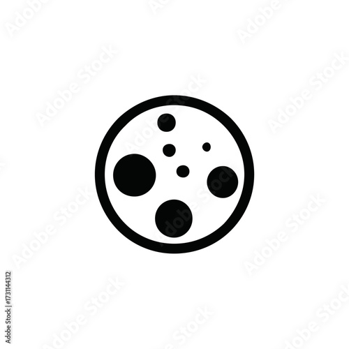 Simple black and white line art icon of the moon with craters. Minimalist celestial body symbol on a white background, vector graphic illustration