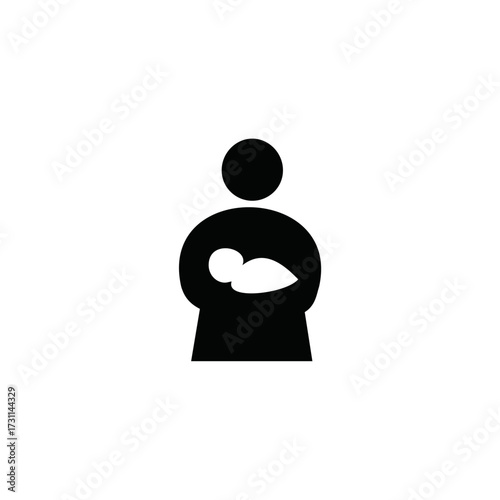 Simple black silhouette icon of a parent holding a newborn baby. Vector graphic symbol for motherhood, family, and childcare isolated on a white background