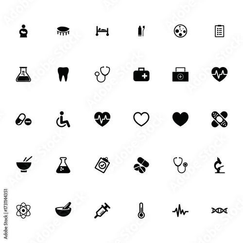 A diverse collection of modern vector icons representing essential medical, healthcare, and scientific concepts for web, print, and mobile applications