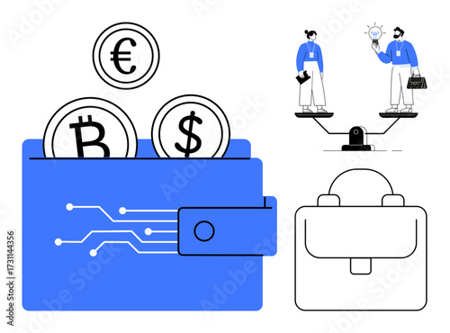 Blue wallet holding digital currency coins with circuit lines, professional pair balancing work and innovation, briefcase icon. Ideal for finance, technology, teamwork, business growth