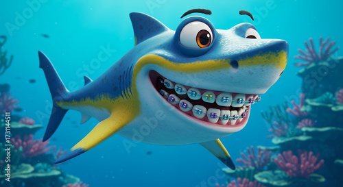 Cartoon shark smiling underwater aquatic character with braces in ocean scene