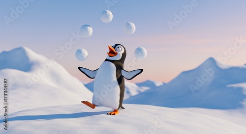 Cheerful penguin juggling snowballs on snowy mountain background