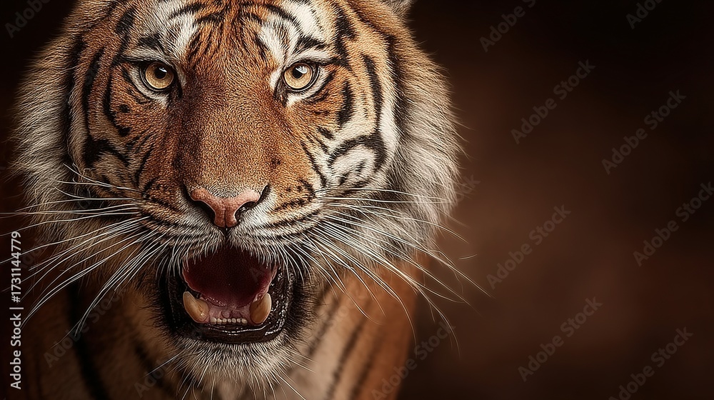 Fototapeta premium Tiger head close up with open mouth against a dark brown background.