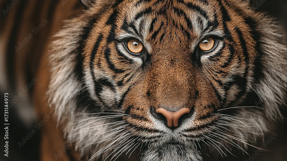 Fototapeta premium Tiger portrait featuring its face with striped fur and intense eyes.