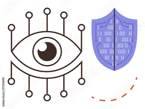 Eye with connecting network lines represents surveillance and a shield with binary code symbolizes data protection. Ideal for cybersecurity, privacy, network defense, encryption, safety, AI security