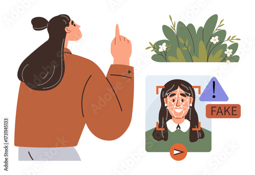 Woman pointing toward facial recognition analysis showing a face with fake warning. Triangle alert and plants framing suggest critical thinking. Ideal for technology, AI ethics, fraud detection