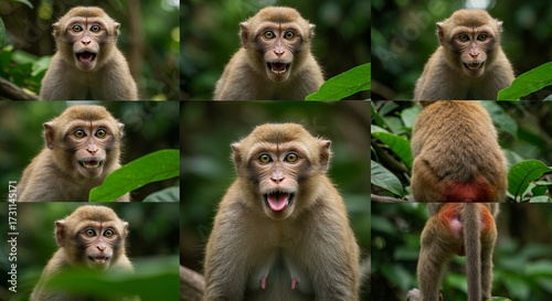 Multiple monkey faces in natural habitat displaying expressions of surprise or alarm