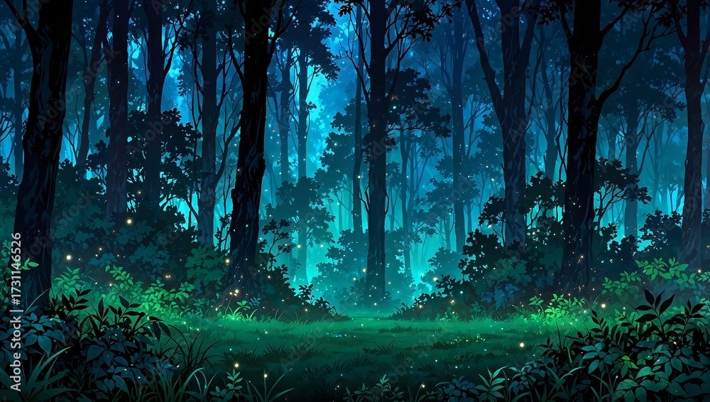 Fototapeta premium Enchanted Anime Forest with Glowing Fireflies